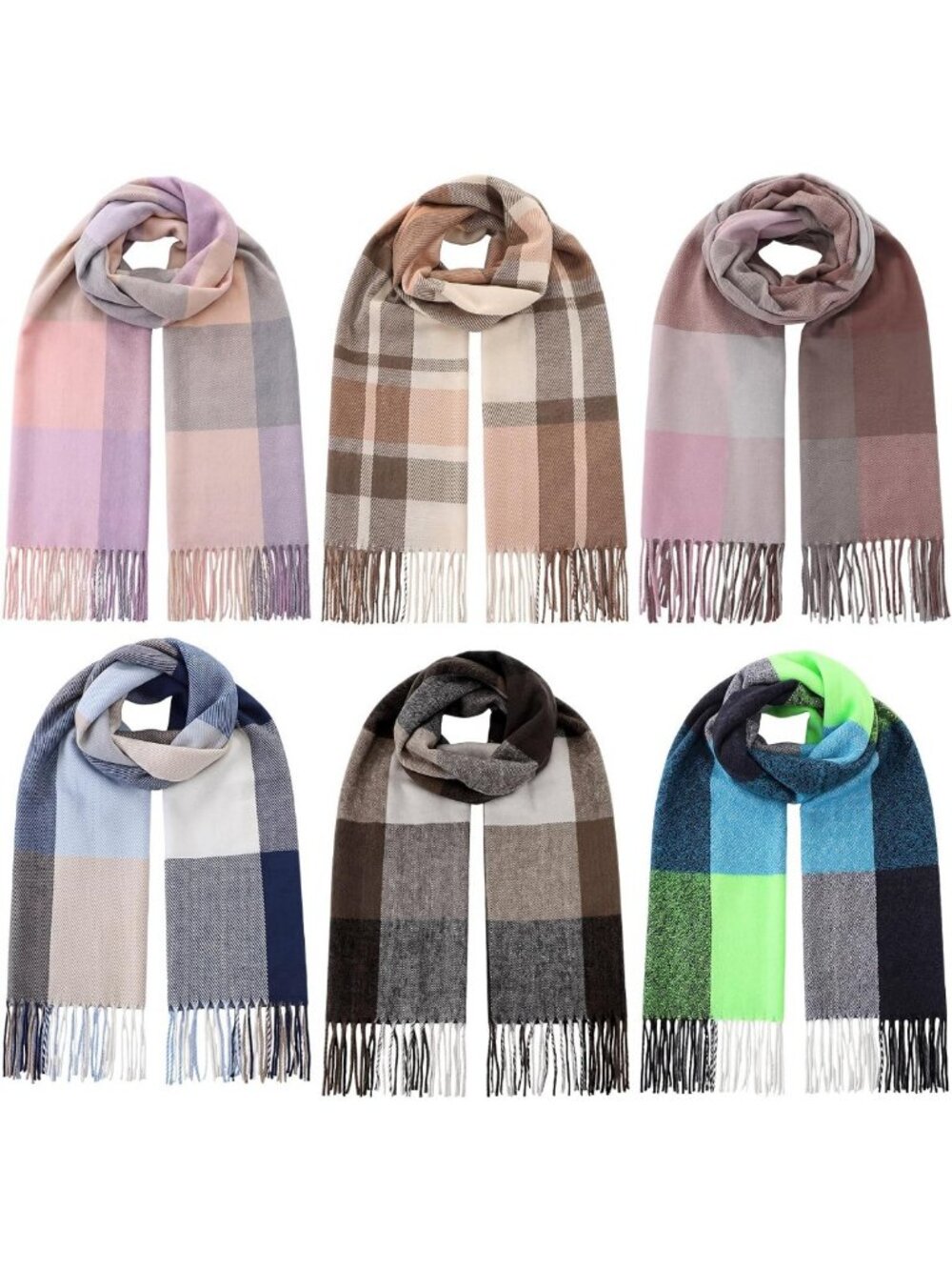 Cozy 6-Piece Long Plaid Winter Scarves Set for Women - Stylish & Warm